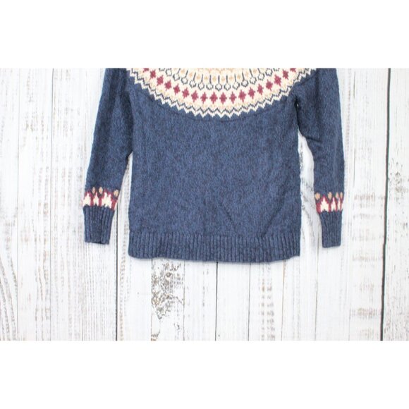 LL Bean Cotton Ragg Sweater Funnelneck Pullover Fair Isle Navy M Pet - Picture 3 of 9